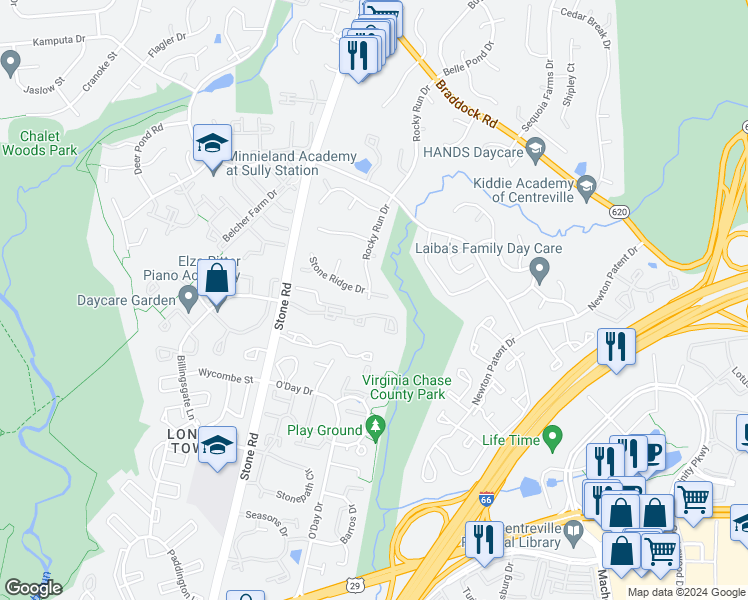 map of restaurants, bars, coffee shops, grocery stores, and more near 5735 Rocky Run Drive in Centreville