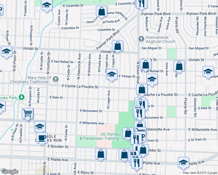 map of restaurants, bars, coffee shops, grocery stores, and more near 901 North Logan Avenue in Colorado Springs