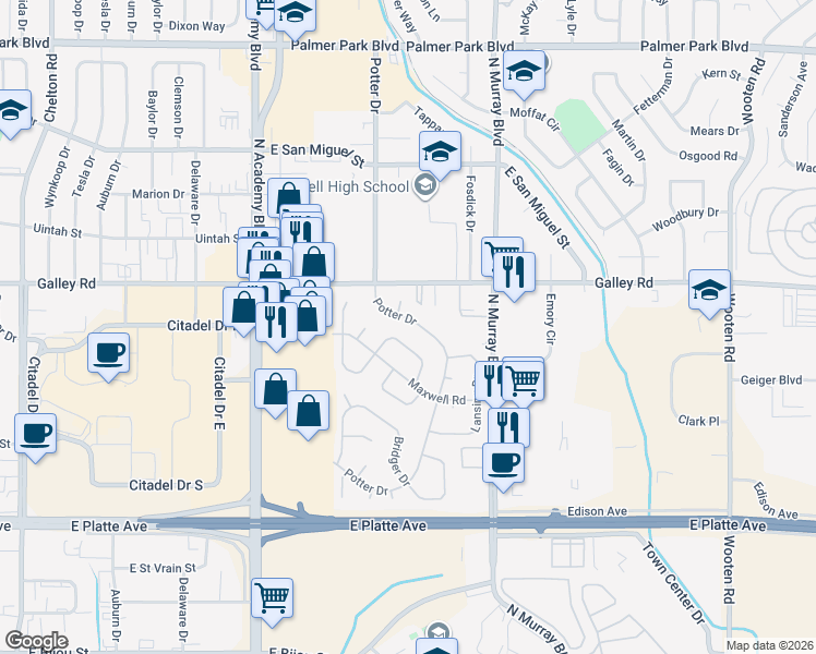 map of restaurants, bars, coffee shops, grocery stores, and more near 814 Potter Drive in Colorado Springs