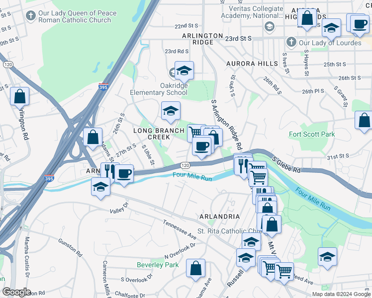 map of restaurants, bars, coffee shops, grocery stores, and more near 2836 South Meade Street in Arlington