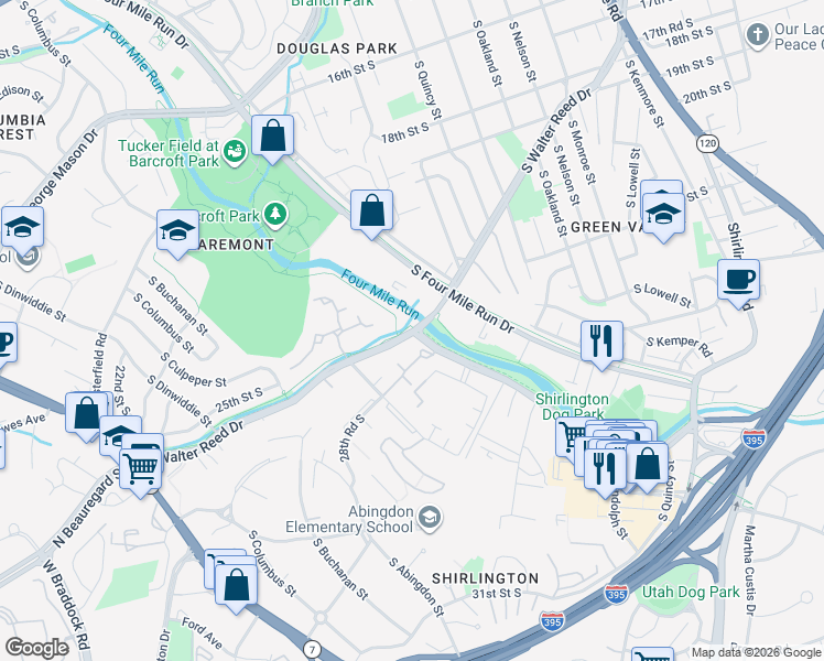map of restaurants, bars, coffee shops, grocery stores, and more near S Walter Reed Dr & S Arlington Mill Dr in Arlington