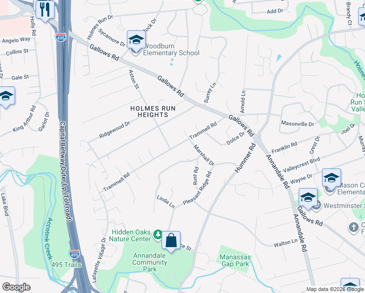 map of restaurants, bars, coffee shops, grocery stores, and more near 7703 Trammell Road in Annandale