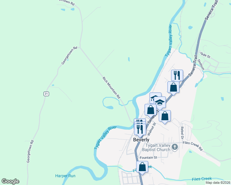 map of restaurants, bars, coffee shops, grocery stores, and more near Rich Mountain Road in Beverly