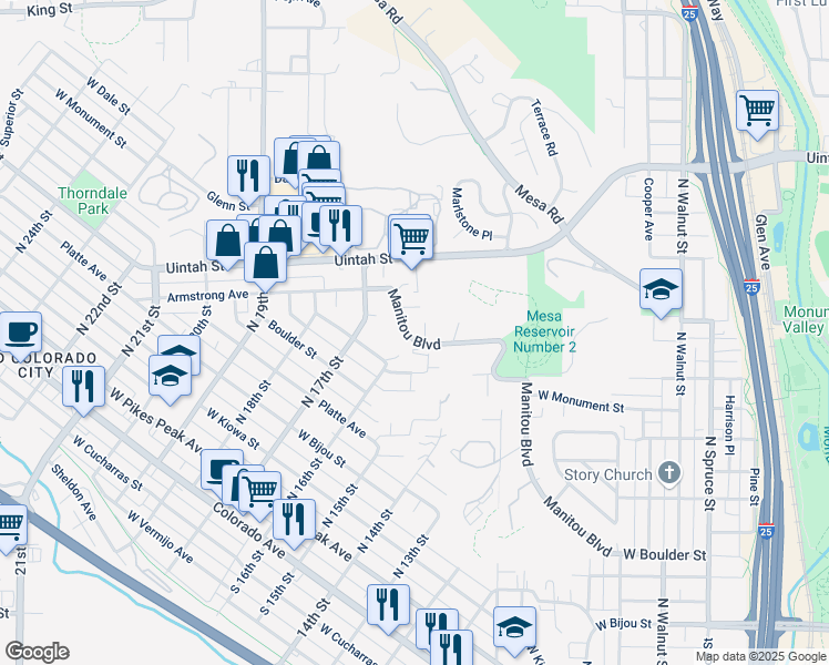 map of restaurants, bars, coffee shops, grocery stores, and more near 1530 Manitou Boulevard in Colorado Springs