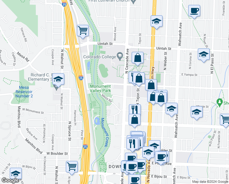 map of restaurants, bars, coffee shops, grocery stores, and more near 30 West Dale Street in Colorado Springs