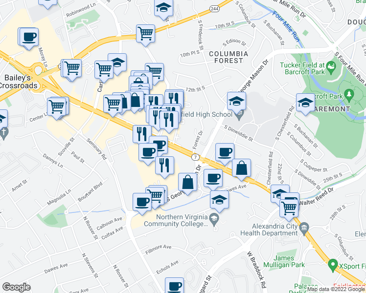 map of restaurants, bars, coffee shops, grocery stores, and more near 5150 Leesburg Pike in Alexandria