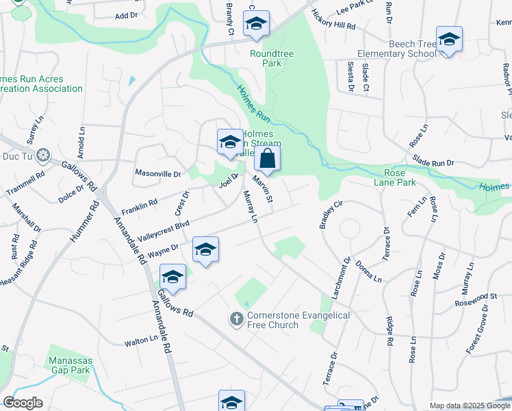 map of restaurants, bars, coffee shops, grocery stores, and more near 7210 Murray Lane in Annandale