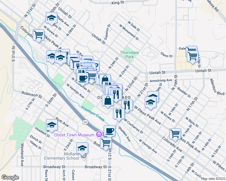 map of restaurants, bars, coffee shops, grocery stores, and more near 2225 West Pikes Peak Avenue in Colorado Springs