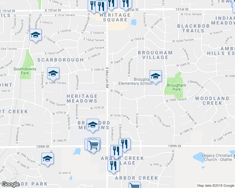map of restaurants, bars, coffee shops, grocery stores, and more near 16601 West 156th Street in Olathe