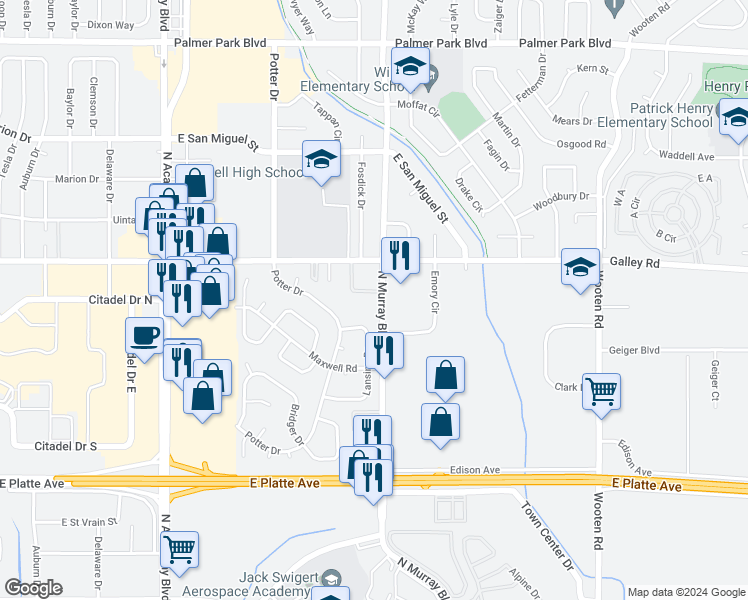 map of restaurants, bars, coffee shops, grocery stores, and more near 918 North Murray Boulevard in Colorado Springs