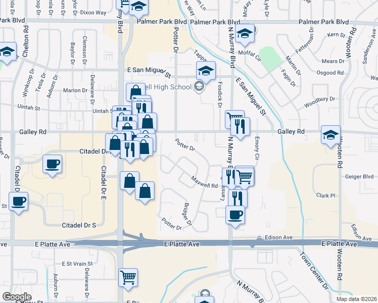 map of restaurants, bars, coffee shops, grocery stores, and more near 814 Potter Drive in Colorado Springs