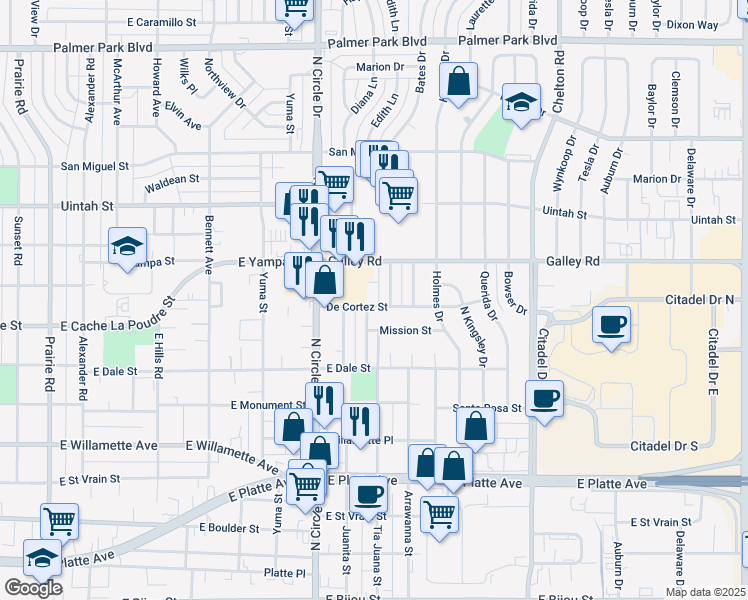 map of restaurants, bars, coffee shops, grocery stores, and more near 3005 De Cortez Street in Colorado Springs