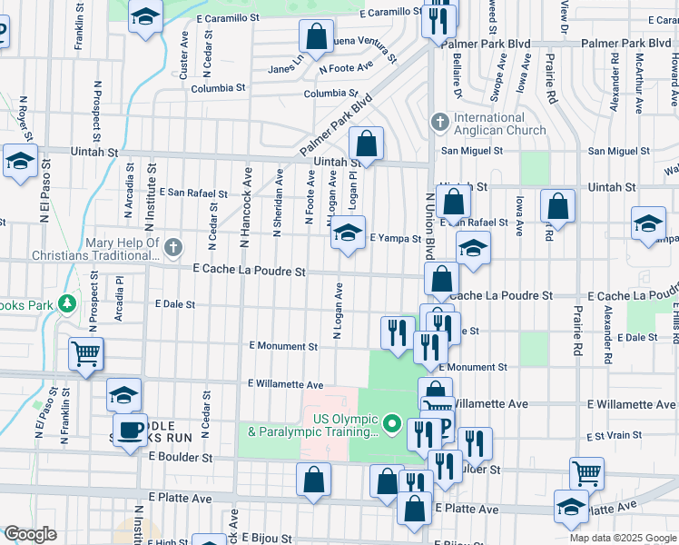 map of restaurants, bars, coffee shops, grocery stores, and more near 830 North Logan Avenue in Colorado Springs