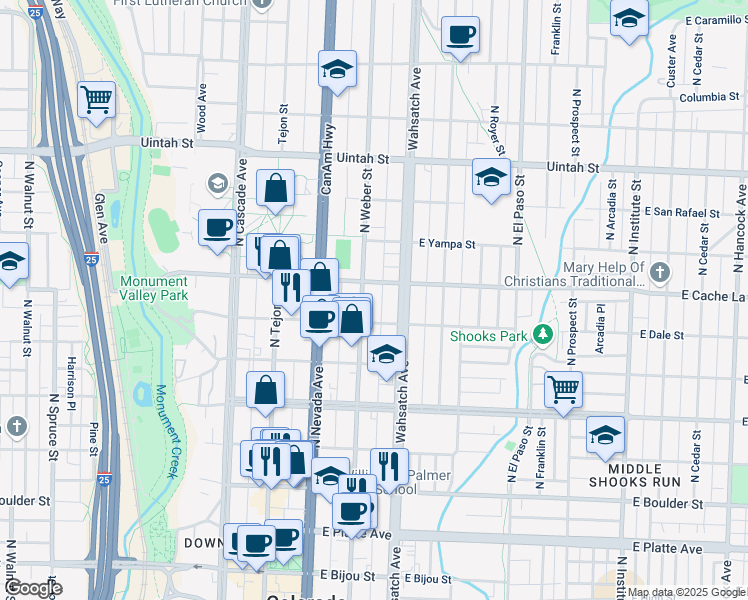 map of restaurants, bars, coffee shops, grocery stores, and more near 310 East Dale Street in Colorado Springs