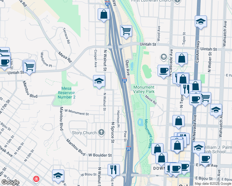 map of restaurants, bars, coffee shops, grocery stores, and more near 829 North Spruce Street in Colorado Springs