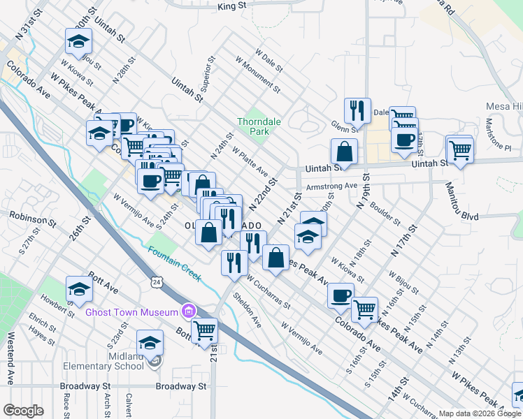 map of restaurants, bars, coffee shops, grocery stores, and more near 2118 West Kiowa Street in Colorado Springs