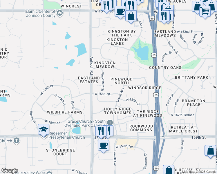 map of restaurants, bars, coffee shops, grocery stores, and more near 8902 West 156th Terrace in Overland Park