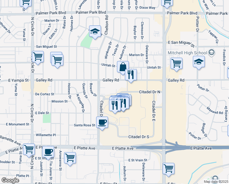 map of restaurants, bars, coffee shops, grocery stores, and more near 3388 West Portal Drive in Colorado Springs