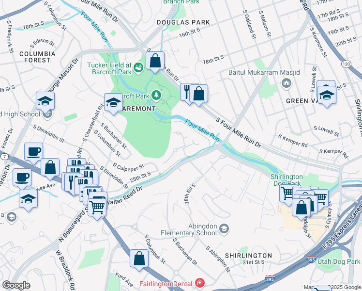 map of restaurants, bars, coffee shops, grocery stores, and more near 2416 South Walter Reed Drive in Arlington