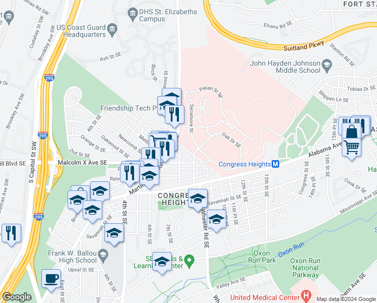 map of restaurants, bars, coffee shops, grocery stores, and more near 2911 8th Street Southeast in Washington