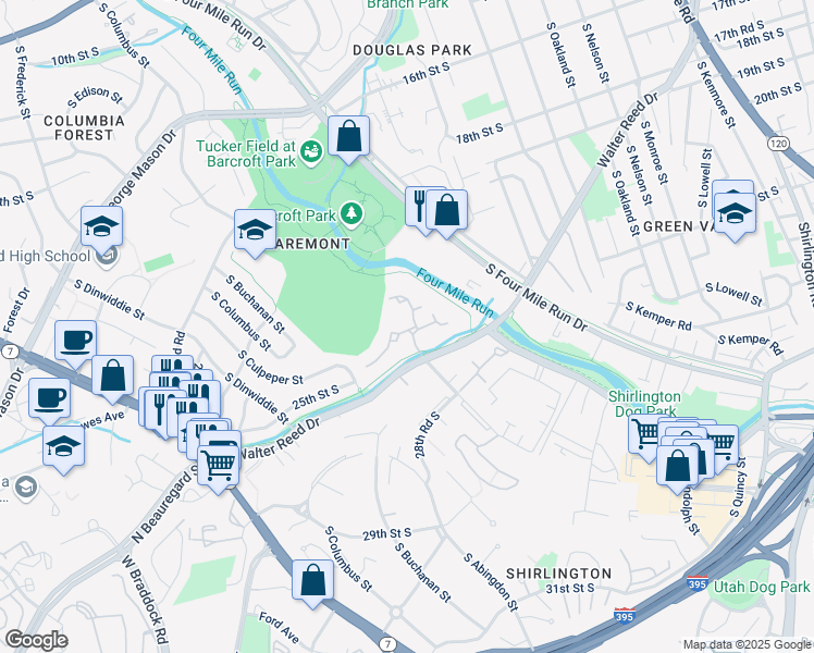 map of restaurants, bars, coffee shops, grocery stores, and more near 2400 South Walter Reed Drive in Arlington