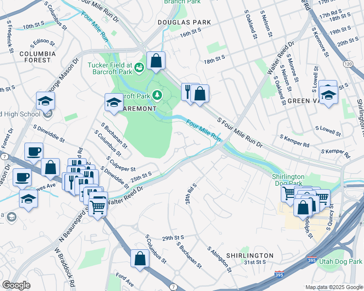 map of restaurants, bars, coffee shops, grocery stores, and more near 2512 South Walter Reed Drive in Arlington