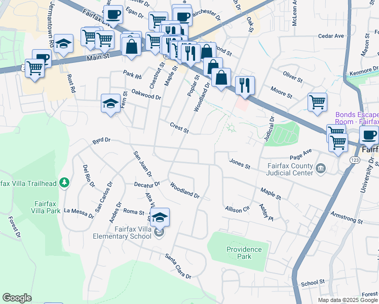 map of restaurants, bars, coffee shops, grocery stores, and more near 10907 Byrd Drive in Fairfax