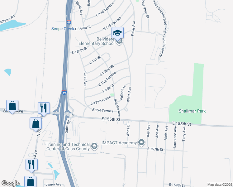 map of restaurants, bars, coffee shops, grocery stores, and more near 6208 East 153 Terrace in Grandview