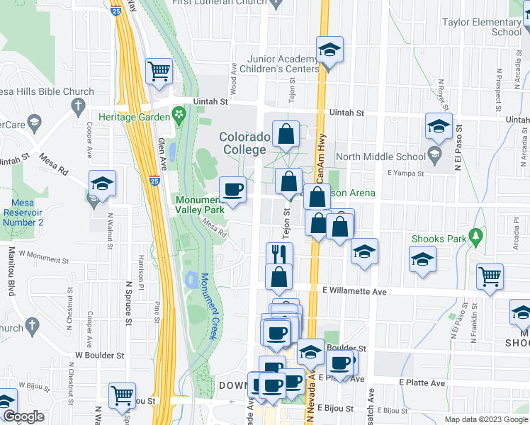 map of restaurants, bars, coffee shops, grocery stores, and more near 825 North Cascade Avenue in Colorado Springs