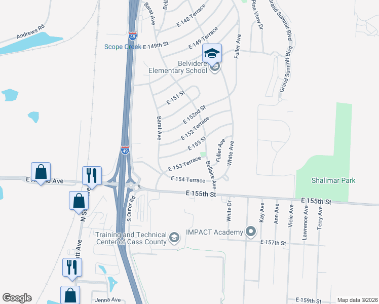 map of restaurants, bars, coffee shops, grocery stores, and more near 6108 East 153 Terrace in Grandview