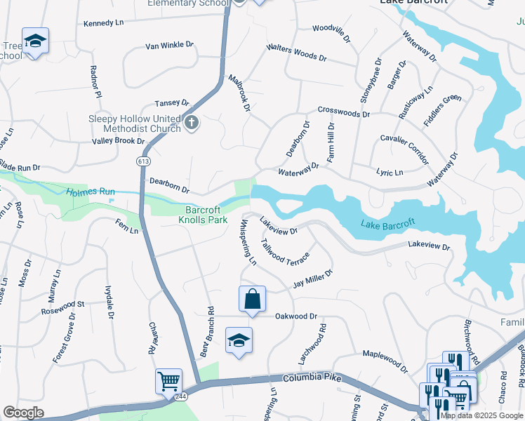 map of restaurants, bars, coffee shops, grocery stores, and more near 6516 Lakeview Drive in Falls Church
