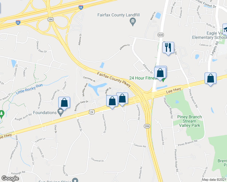 map of restaurants, bars, coffee shops, grocery stores, and more near 4963 Vail Ridge Ln in Fairfax
