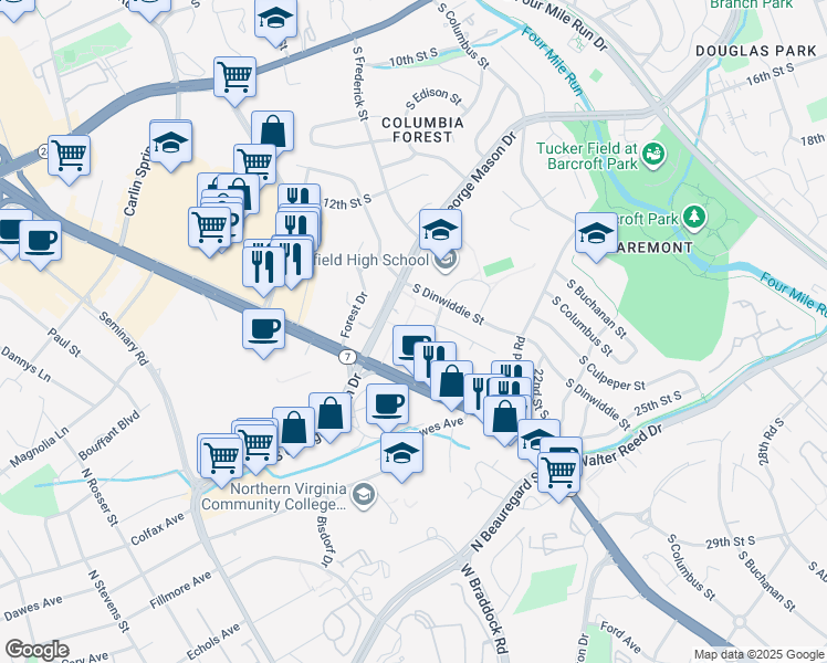 map of restaurants, bars, coffee shops, grocery stores, and more near 3602 14th Street South in Alexandria