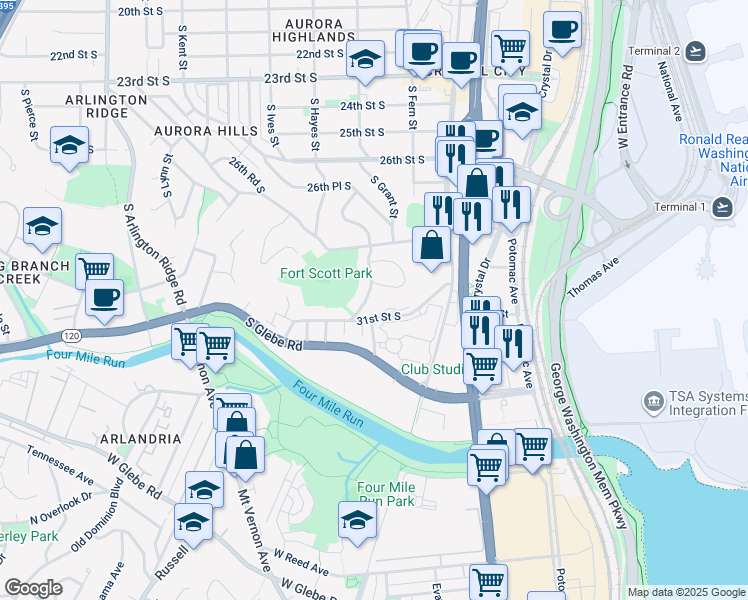 map of restaurants, bars, coffee shops, grocery stores, and more near 2931 South Grant Street in Arlington