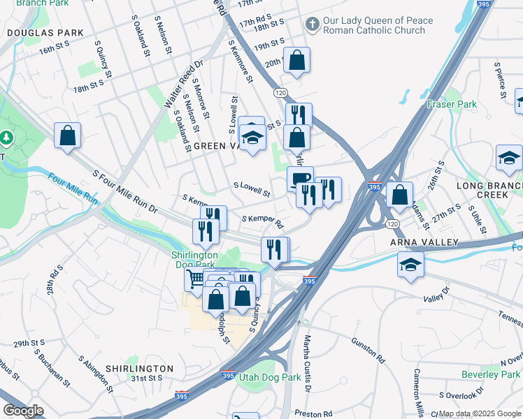 map of restaurants, bars, coffee shops, grocery stores, and more near 3419 South Kemper Road in Arlington