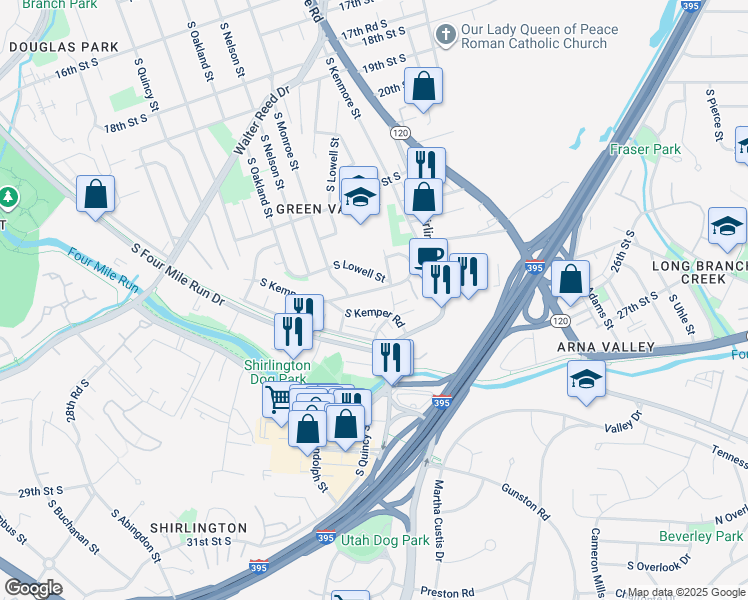 map of restaurants, bars, coffee shops, grocery stores, and more near 3419 South Kemper Road in Arlington