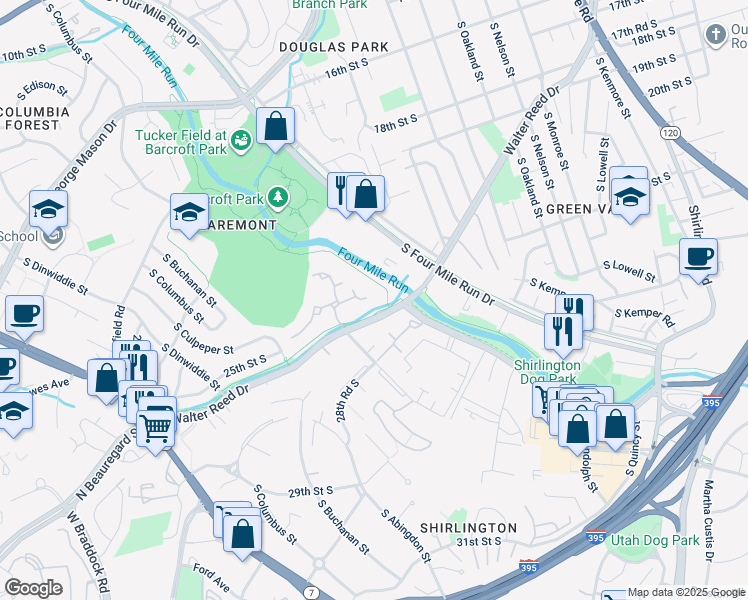 map of restaurants, bars, coffee shops, grocery stores, and more near 2400 South Walter Reed Drive in Arlington