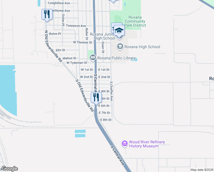 map of restaurants, bars, coffee shops, grocery stores, and more near 150 East 4th Street in Roxana