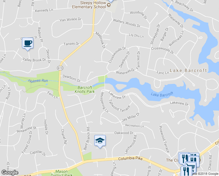 map of restaurants, bars, coffee shops, grocery stores, and more near 6516 Lakeview Drive in Falls Church