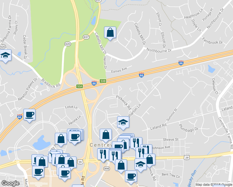 map of restaurants, bars, coffee shops, grocery stores, and more near 13902 Melton Place in Centreville