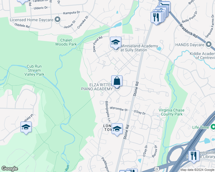 map of restaurants, bars, coffee shops, grocery stores, and more near 14791 Basingstoke Loop in Centreville