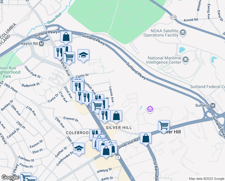 map of restaurants, bars, coffee shops, grocery stores, and more near 3200 Lassie Avenue in Hillcrest Heights