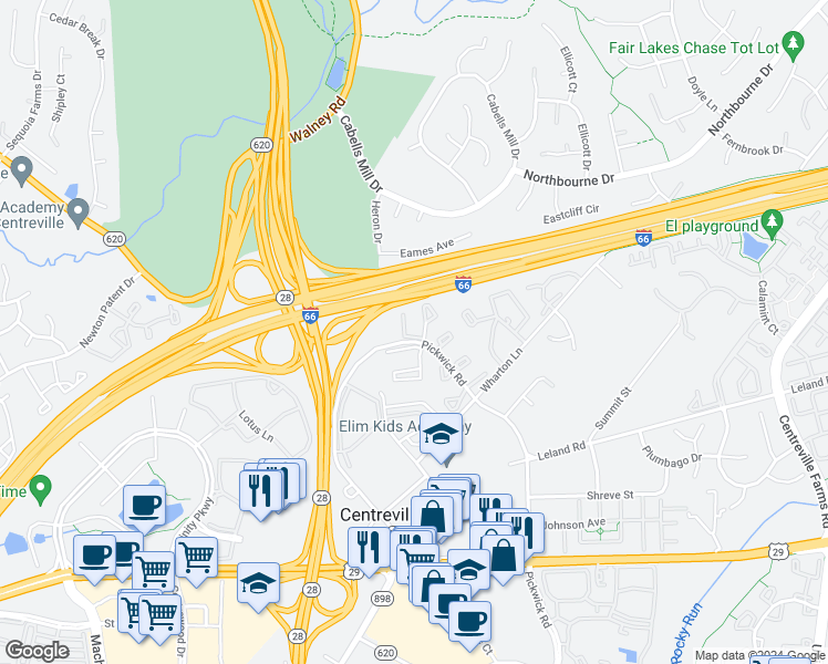 map of restaurants, bars, coffee shops, grocery stores, and more near 13906 Melton Place in Centreville