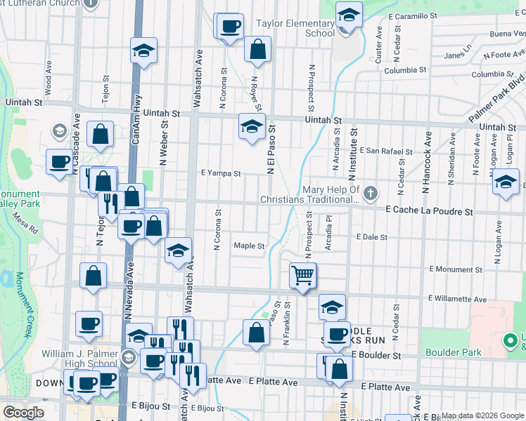 map of restaurants, bars, coffee shops, grocery stores, and more near 815 North El Paso Street in Colorado Springs