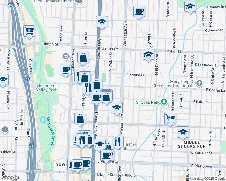 map of restaurants, bars, coffee shops, grocery stores, and more near 310 East Dale Street in Colorado Springs