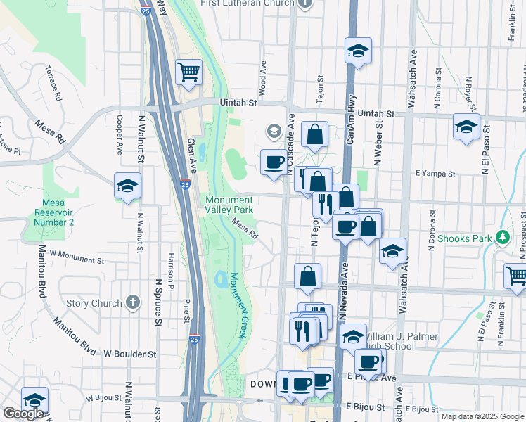 map of restaurants, bars, coffee shops, grocery stores, and more near 30 West Dale Street in Colorado Springs