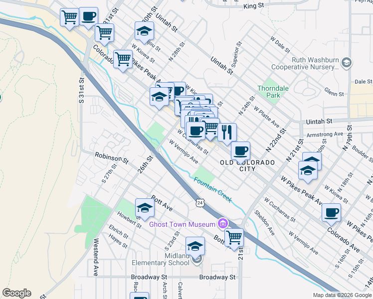 map of restaurants, bars, coffee shops, grocery stores, and more near 2426 West Vermijo Avenue in Colorado Springs
