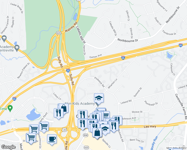 map of restaurants, bars, coffee shops, grocery stores, and more near 13902 Melton Place in Centreville