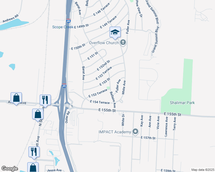 map of restaurants, bars, coffee shops, grocery stores, and more near 6208 East 153 Terrace in Grandview