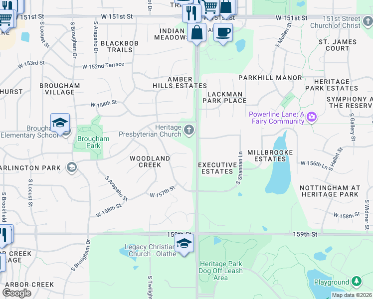 map of restaurants, bars, coffee shops, grocery stores, and more near 15127 West 156th Street in Olathe